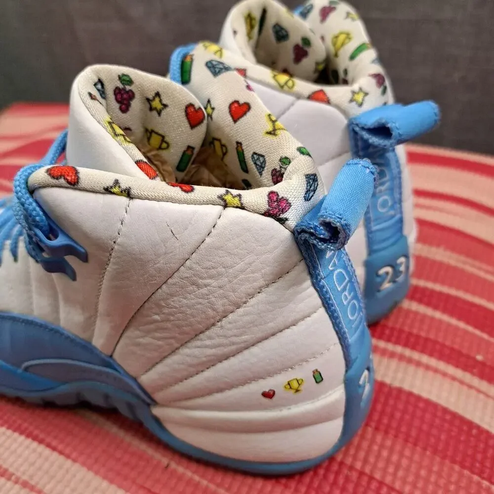 %Nike 5Y/W6.5 Air Jordan 12 University Blue UNC Emoji GS Sneakers / AJ10